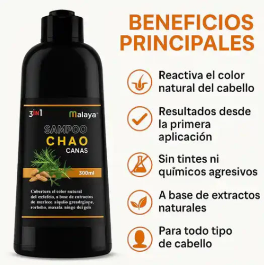 SHAMPOO CHAO CANAS 3 EN 1 – RECUPERA TU COLOR Y JUVENTUD ✨